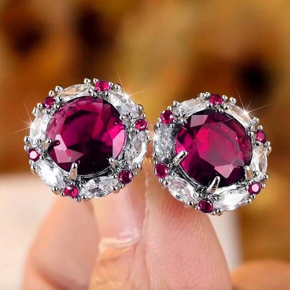 18k White Gold Ruby Red Diamond Earrings Round Earrings - Picture 1 of 4